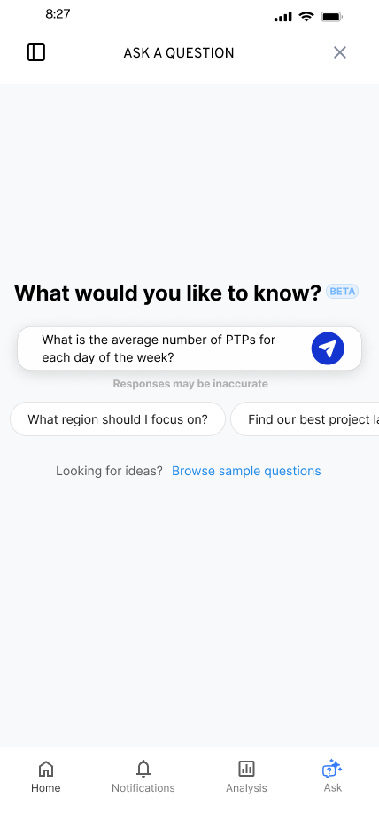 Original Flint design state with a suggested question populated in the editable input: What is the average number of PTPs for each day of the week? Suggestion chips and Browse sample questions remain available.