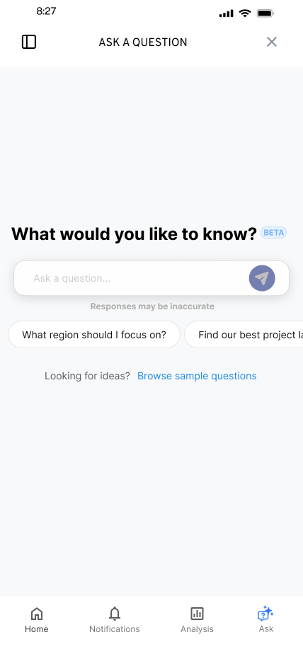 Original Flint mobile design with suggested questions and a clear question entry field.