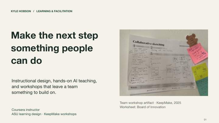 First page of Kyle Hobson’s Learning & Facilitation portfolio presentation.