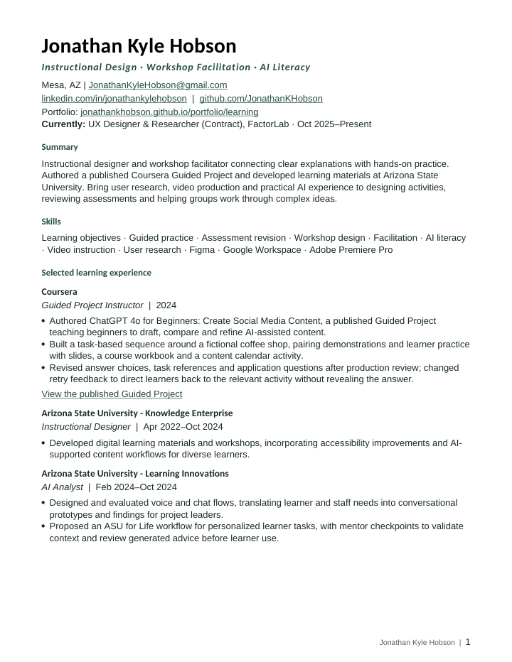 First page of Kyle Hobson’s Learning & Facilitation resume.