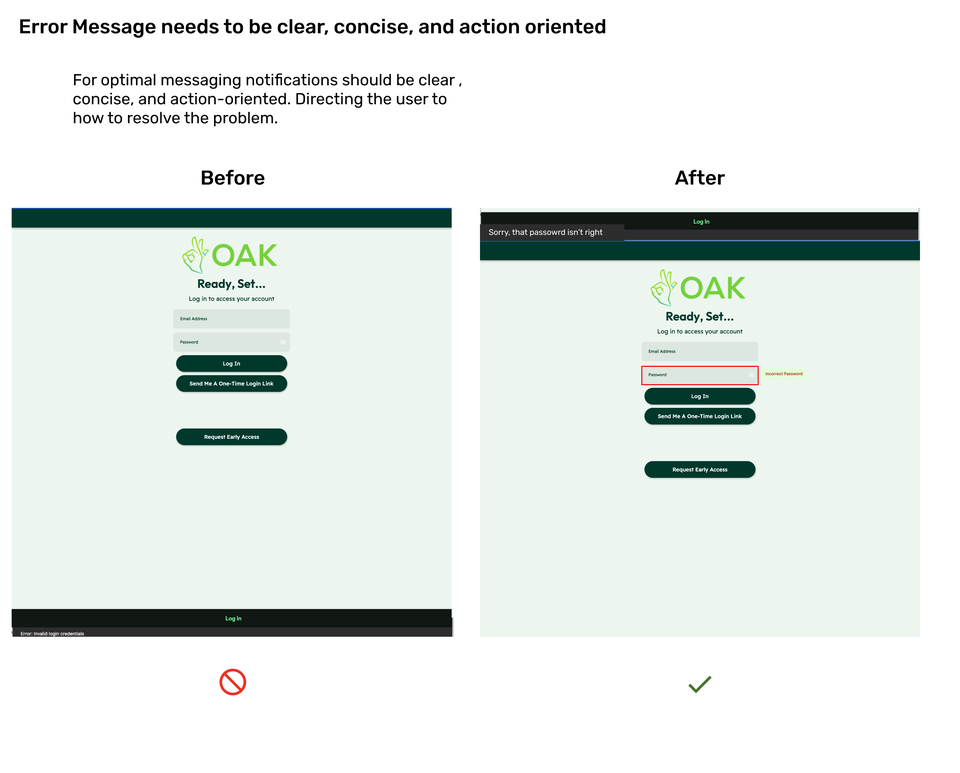 Original Oak recommendation compares a low-visibility login error with field-level feedback and a clearer message.