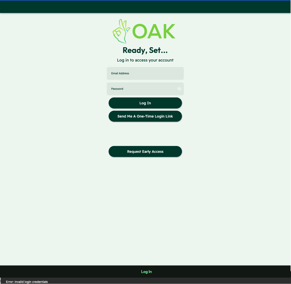 Original Oak login interface. A narrow error message is at the bottom of the page, below the login form.
