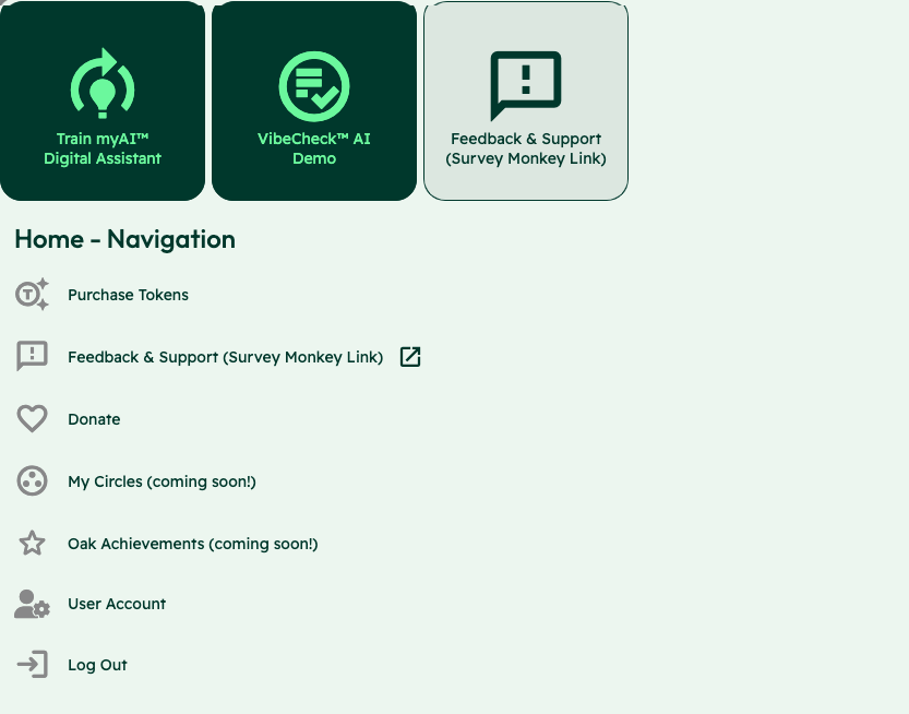 Original Oak navigation detail shows Train myAI, VibeCheck, and Feedback & Support alongside the menu.