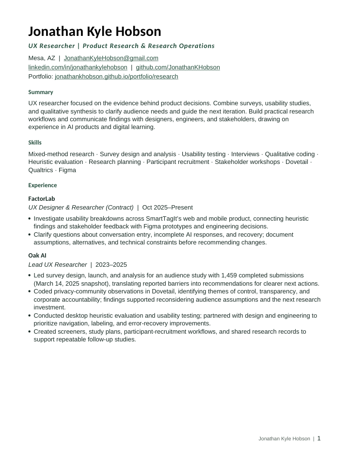 First page of Kyle Hobson’s UX Research resume.