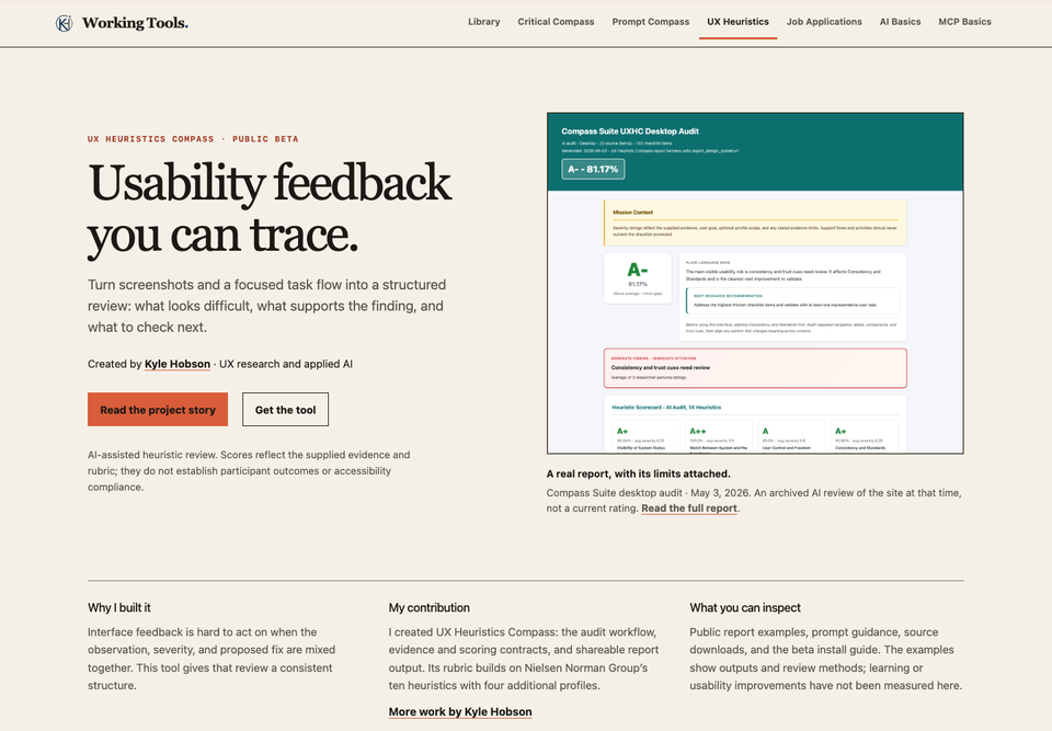 UX Heuristics Compass published landing page with Kyle Hobson’s creator credit and a historical audit report preview.