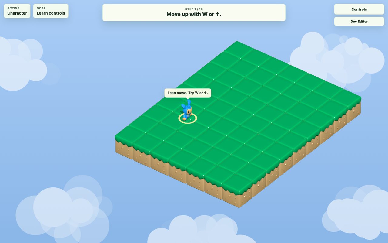 Tutorial scene with Lumina on a floating green grid island and a movement instruction prompt.
