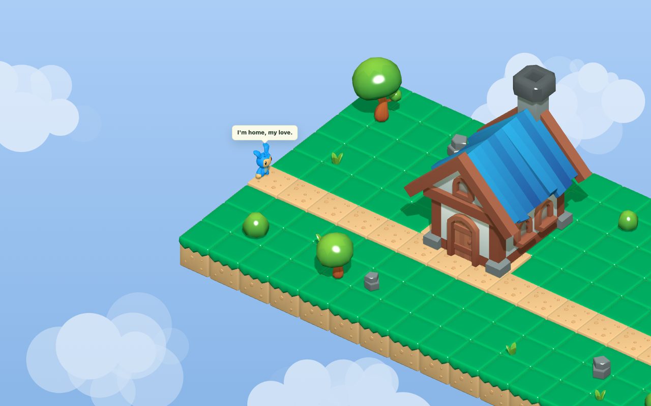 Home Intro scene with Lumina near a small house, trees, and a greeting speech bubble.