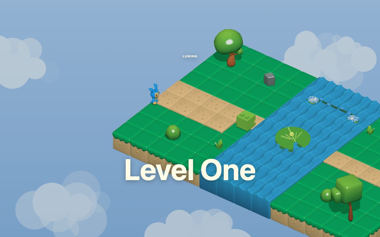 Level One scene with Lumina, a river, lily pads, trees, and a large title overlay.