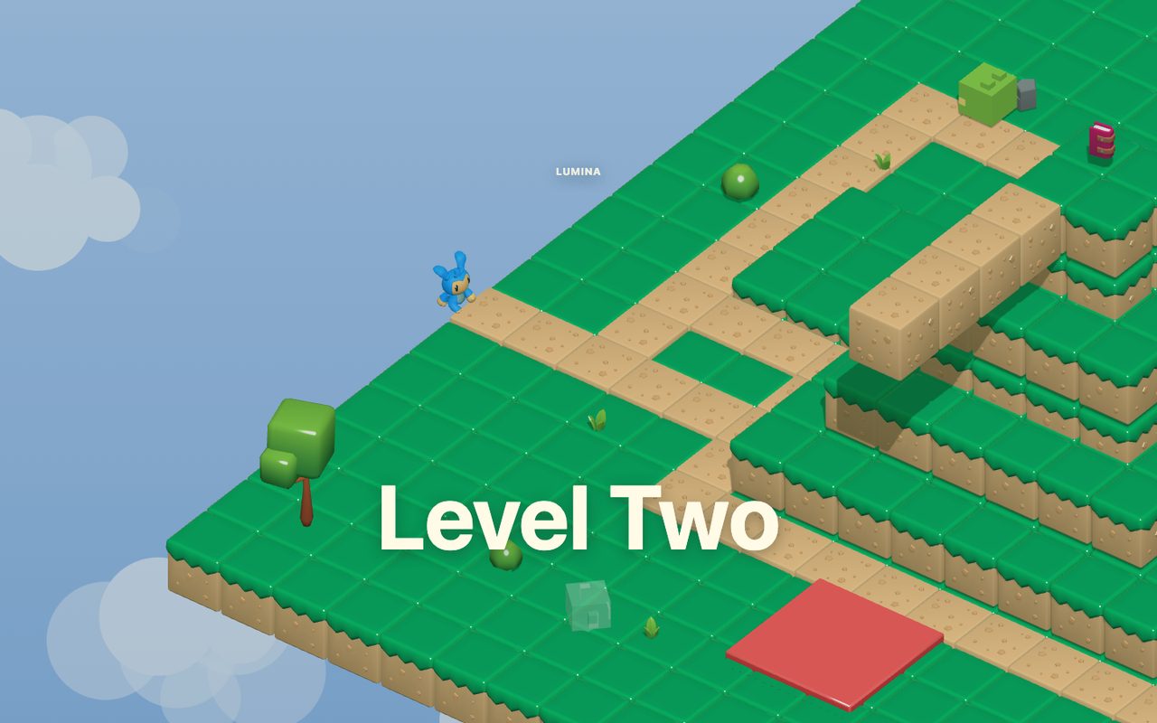 Level Two scene with raised terrain, path tiles, a button pad, and a large title overlay.