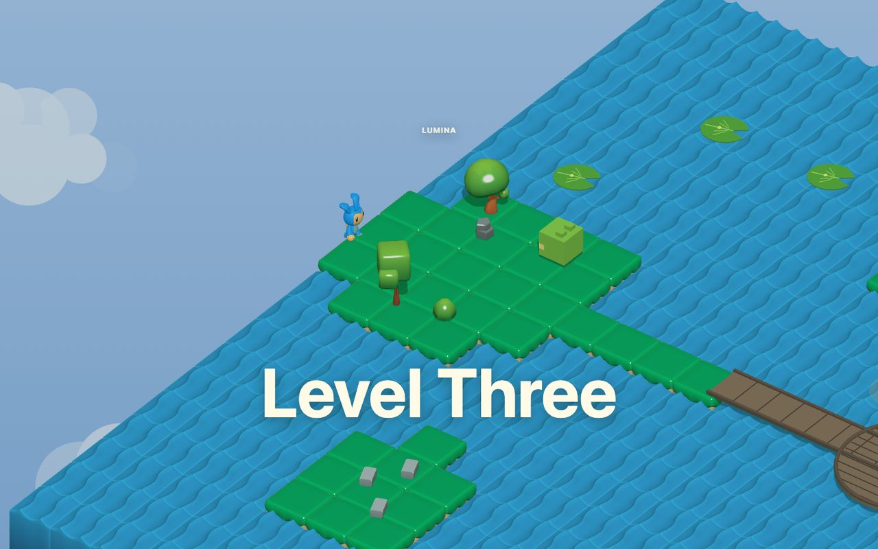 Level Three scene with Lumina, islands, a bridge, lily pads, and water crossing space.