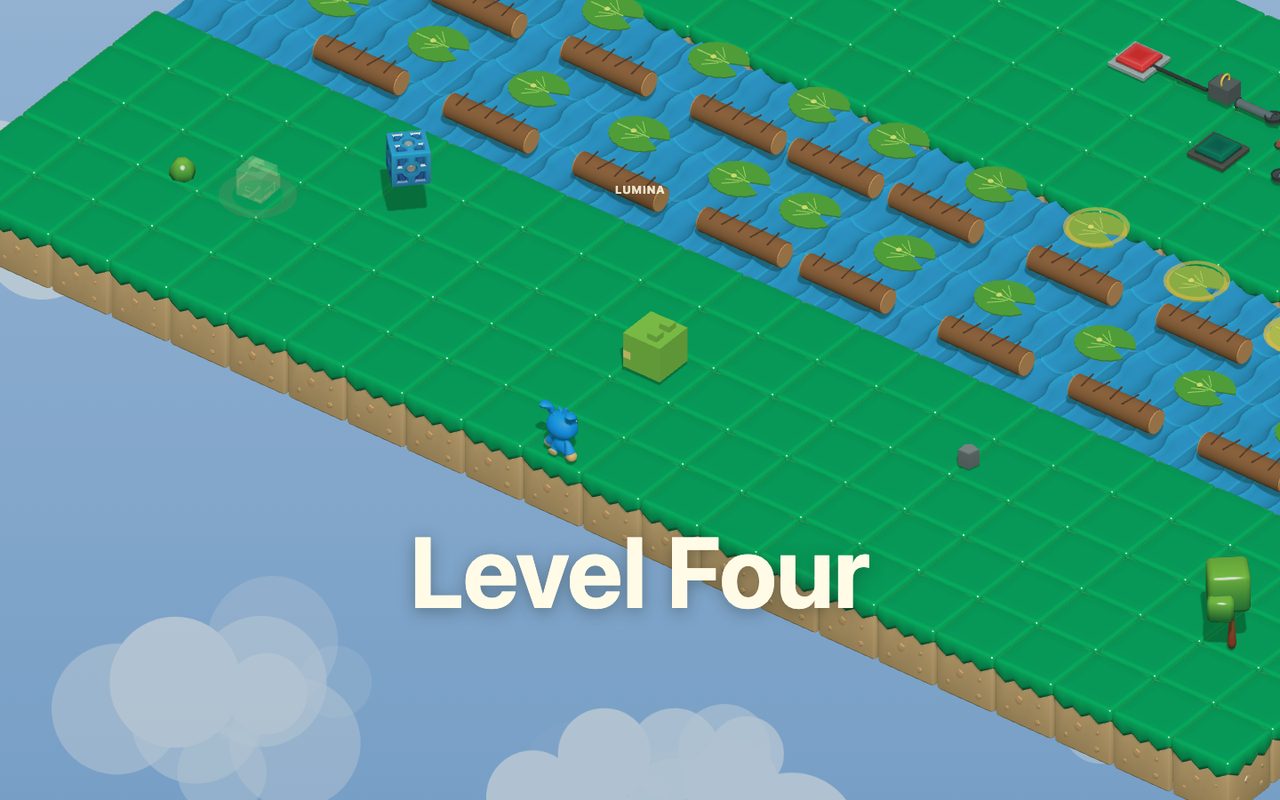 Level Four scene with Lumina, blue block structures, lily pads, logs, water lanes, and a title overlay.