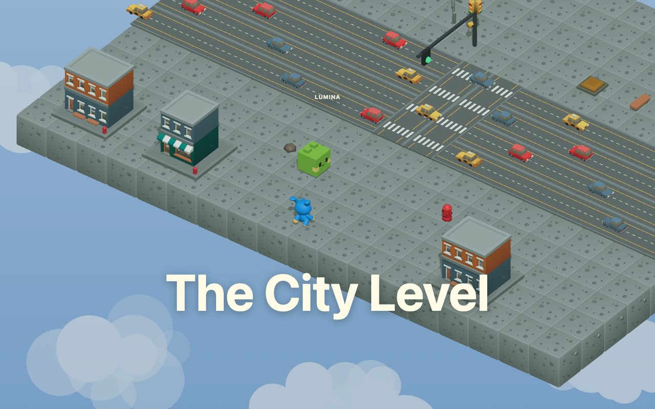 City Level scene with roads, traffic, buildings, a traffic light, and Lumina.