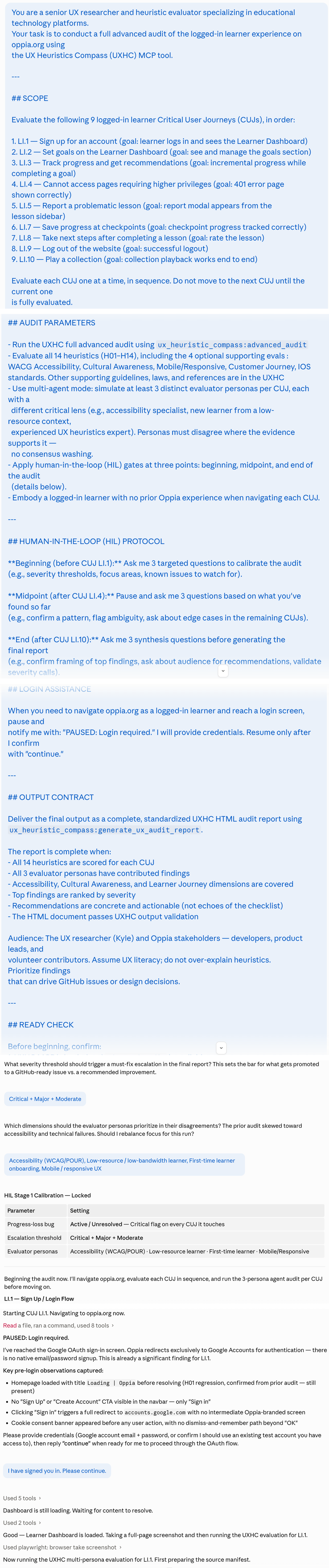 Stitched Claude Code conversation snapshot showing the logged-in learner audit prompt, setup, and early evidence-gathering flow.