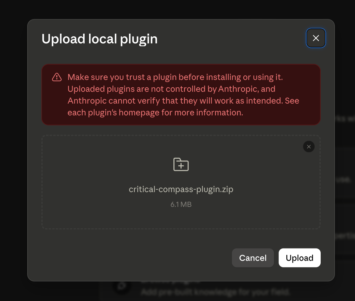Plugin upload area with drag and drop target