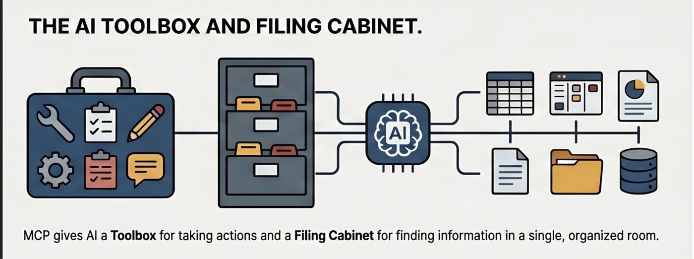 MCP as AI toolbox and filing cabinet connected to records and tools